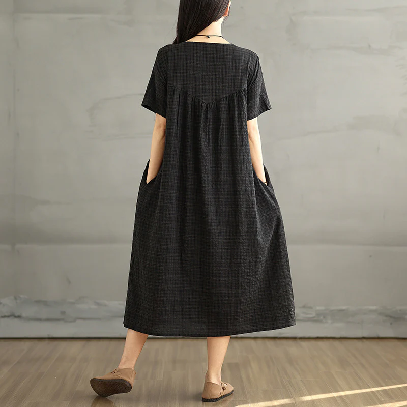 Women Summer Cotton Linen Round Neck Plaid Dress