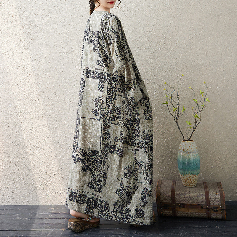 Autumn Retro Cotton Linen V-Neck Printed Loose Dress