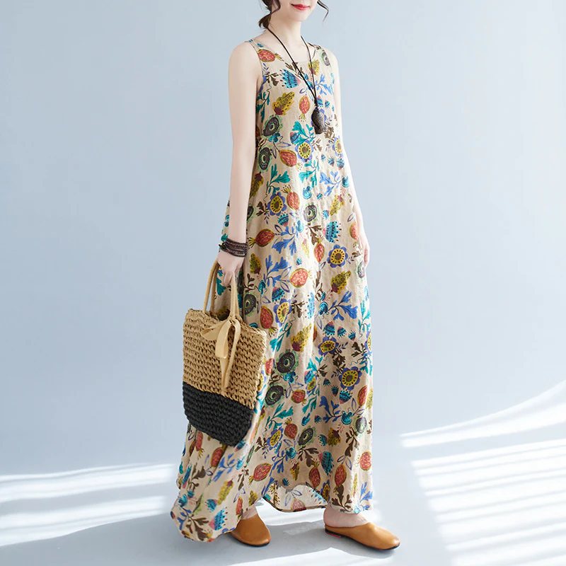 Women Summer Cotton Linen Round Neck Sleeveless Dress