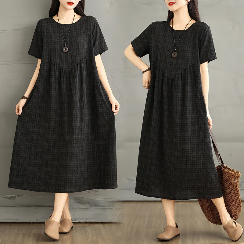 Women Summer Cotton Linen Round Neck Plaid Dress
