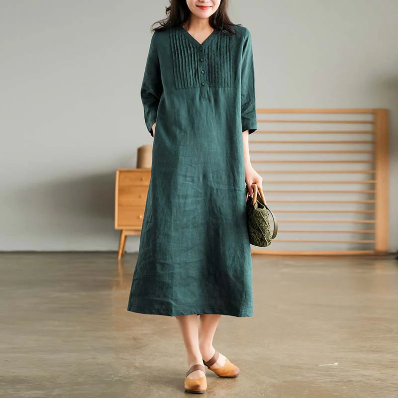 Summer Retro Cotton Linen V-Neck Patchwork Dress