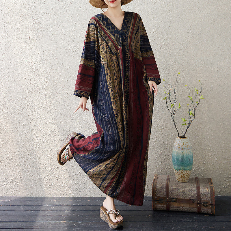 Retro Linen Cotton V-Neck Striped Loose Plus Size Dress