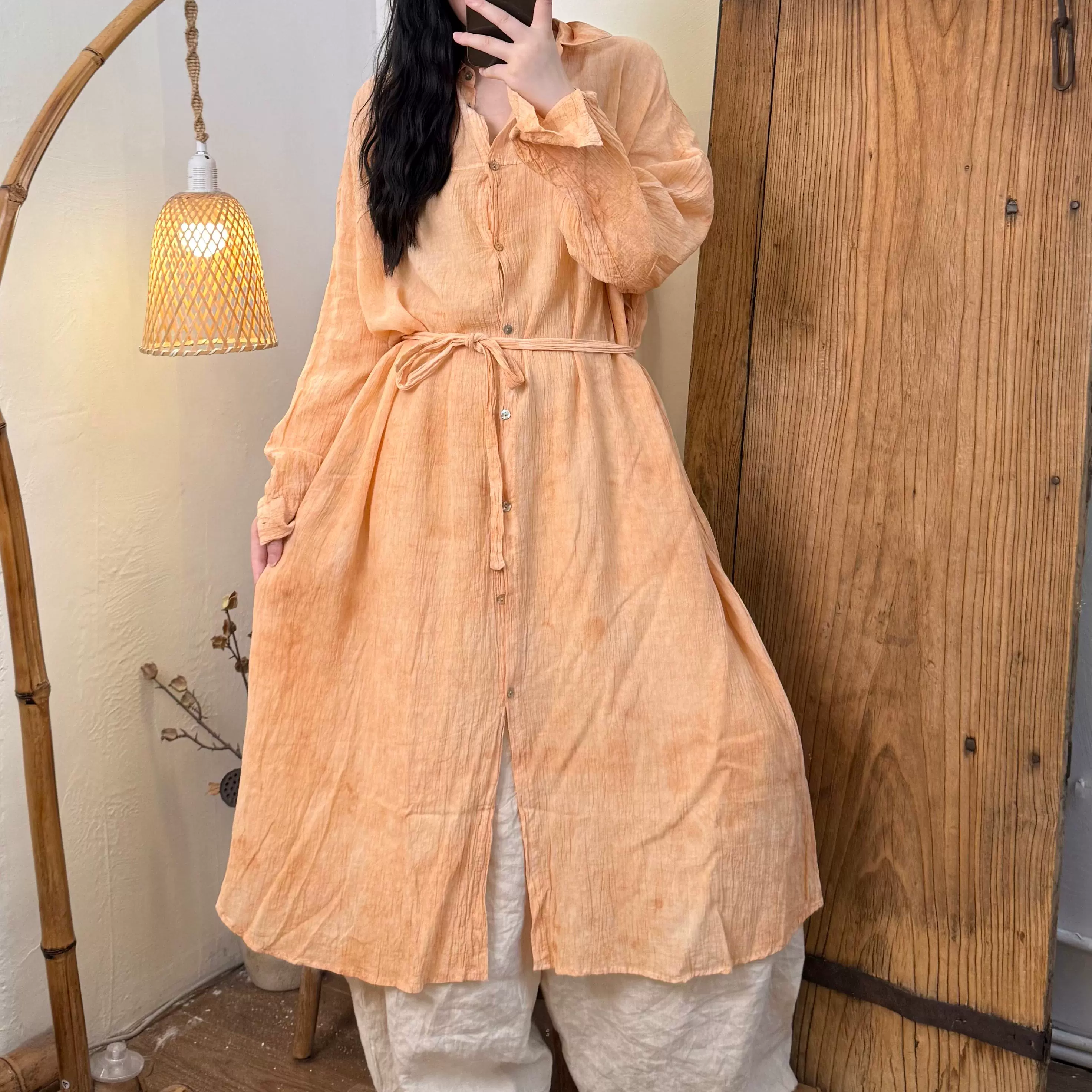 Autumn Ramie Casual Natural Dyeing Shirt Dress