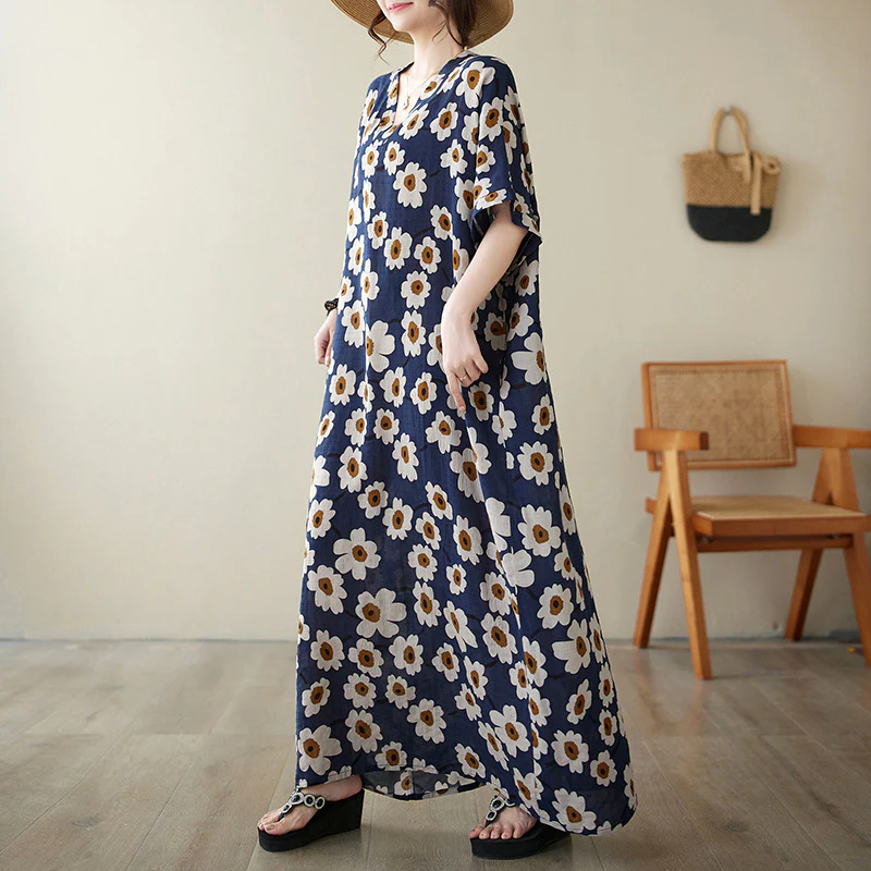 Summer Retro Cotton Linen Vacation V-Neck Floral Plus Size Dress