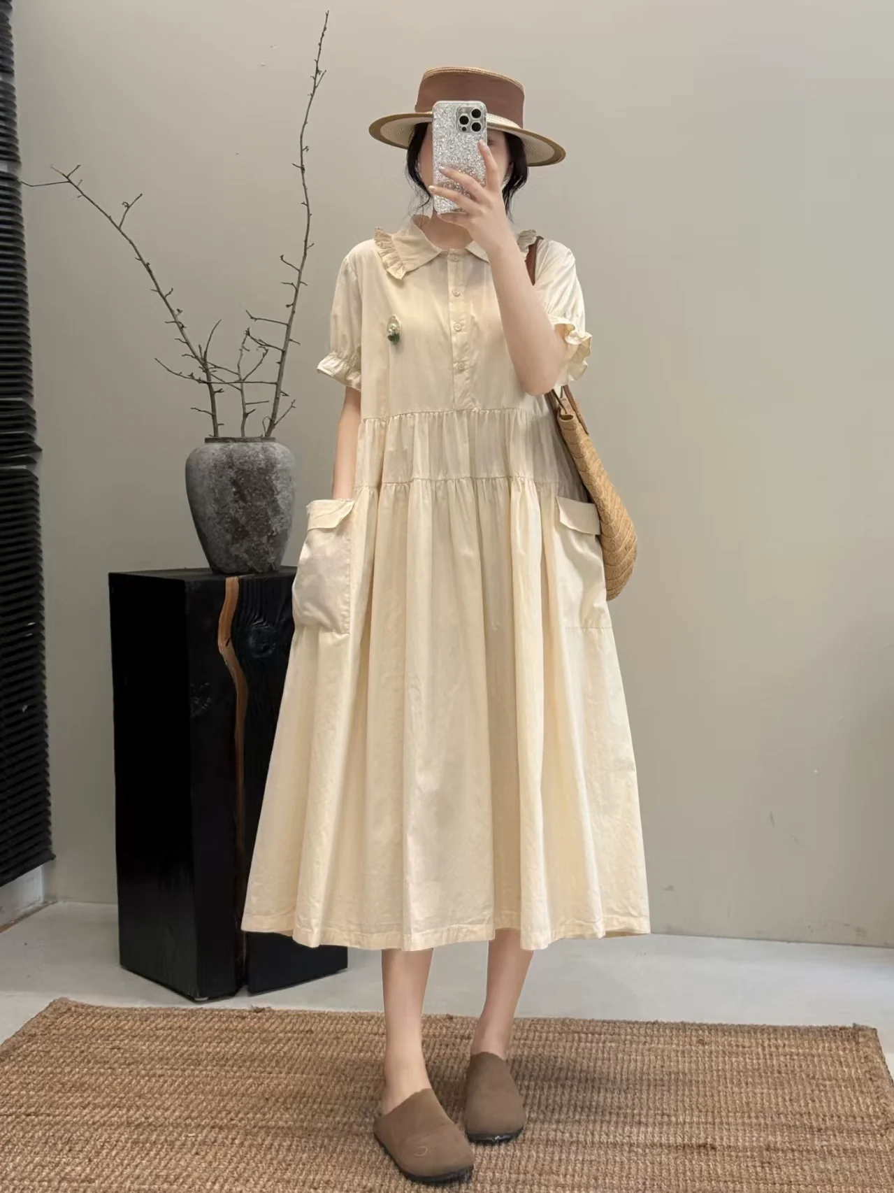 Summer Casual Cotton Lapel Loose Ruffled Dress With Pocket