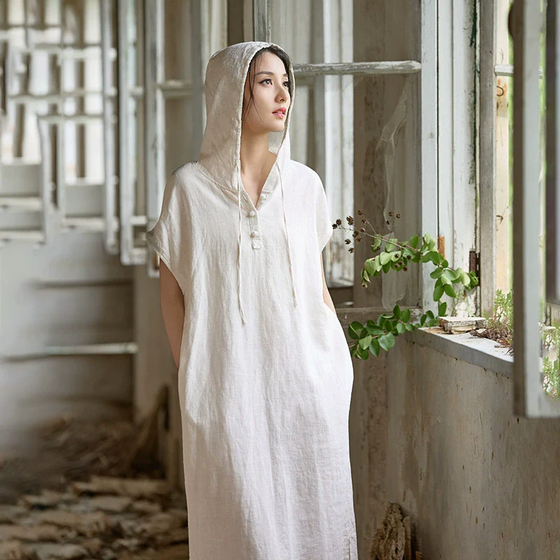 Summer Retro Linen Washed Casual Loose Hooded Dress