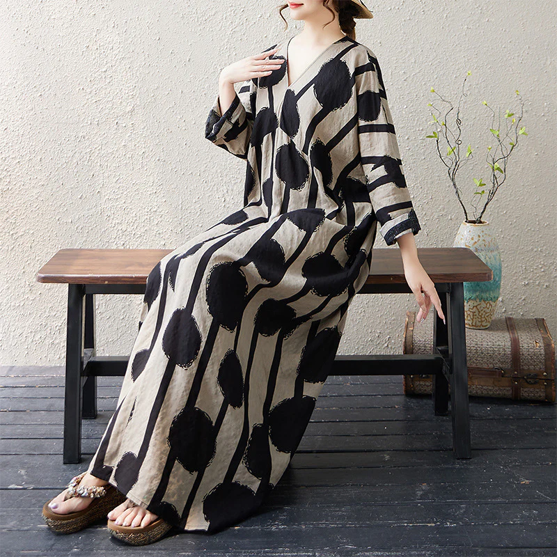 Autumn Linen V-Neck Long Sleeves Printed Dress With Pocket