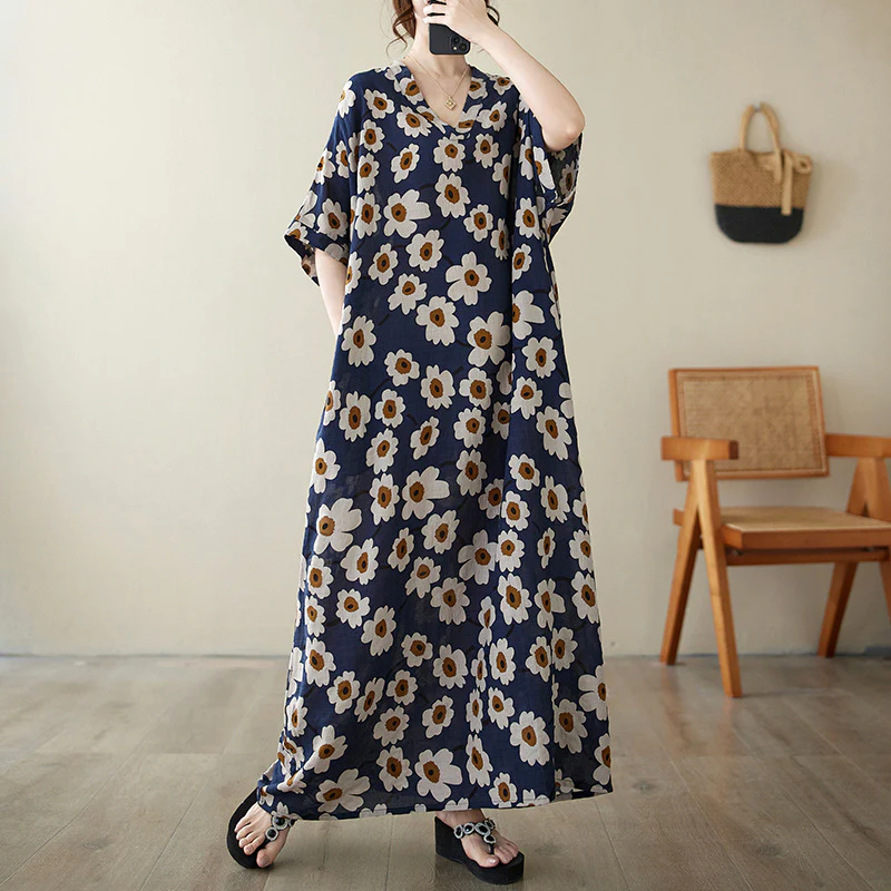 Summer Retro Cotton Linen Vacation V-Neck Floral Plus Size Dress