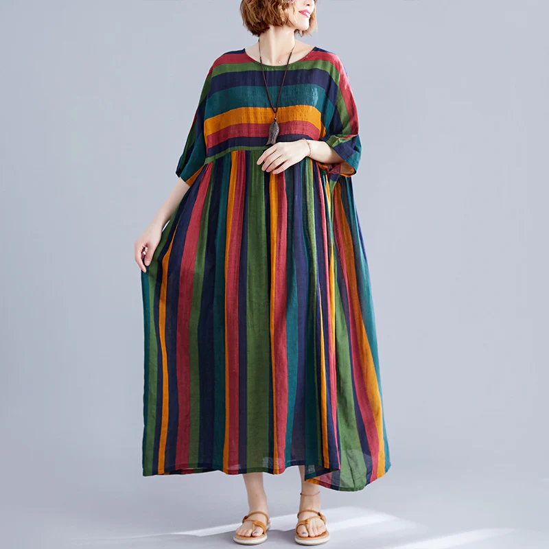 Women Retro Cotton Linen Striped Patchwork Round Neck Dress