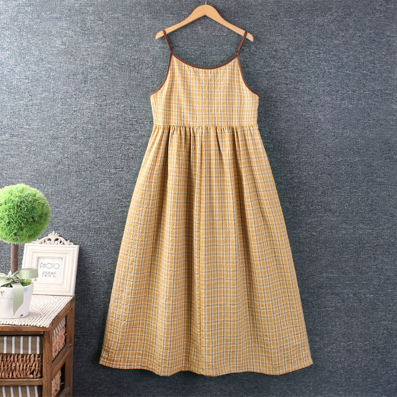 Summer Retro Cotton Linen Casual Plaid Sleeveless Dress