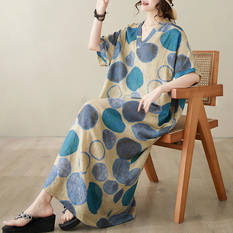 Women Summer Casual Cotton Linen V-Neck Plus Size Dress