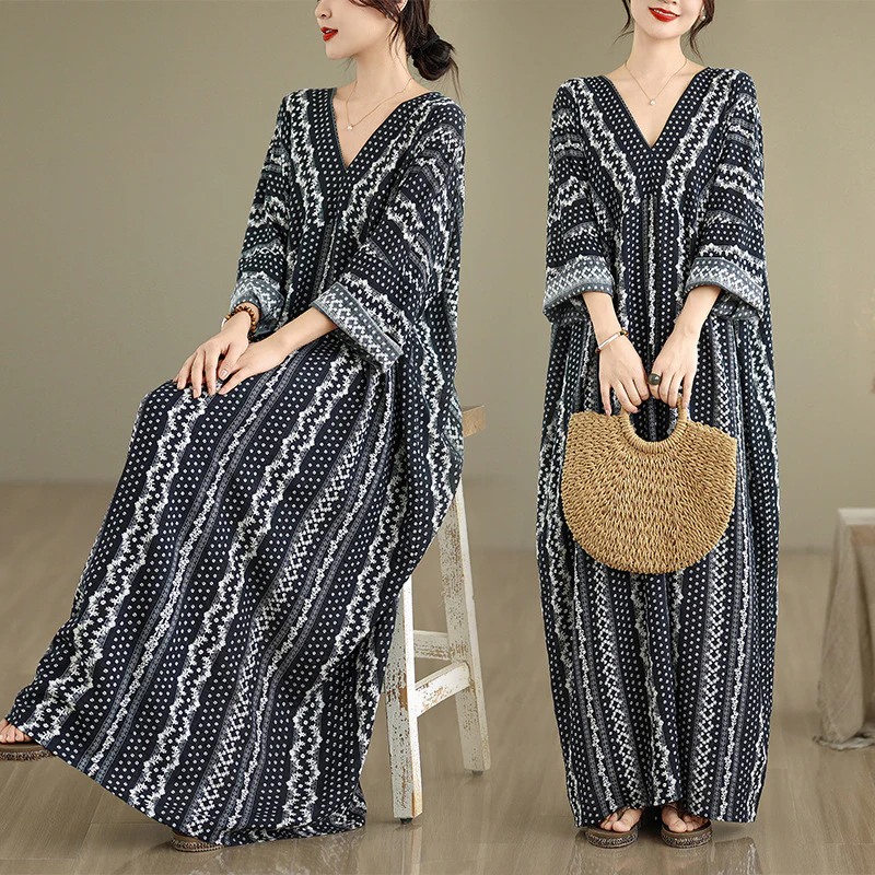 Women Autumn Linen Cotton V-Neck Striped Loose Dress