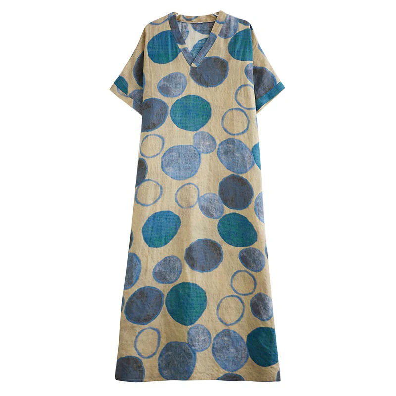 Women Summer Casual Cotton Linen V-Neck Plus Size Dress