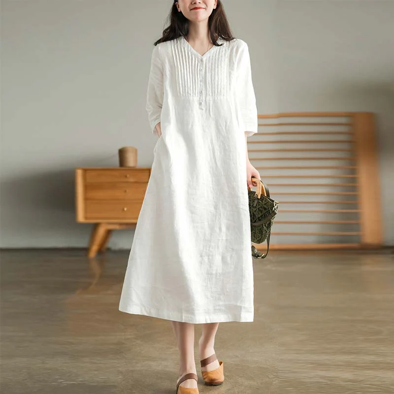 Summer Retro Cotton Linen V-Neck Patchwork Dress