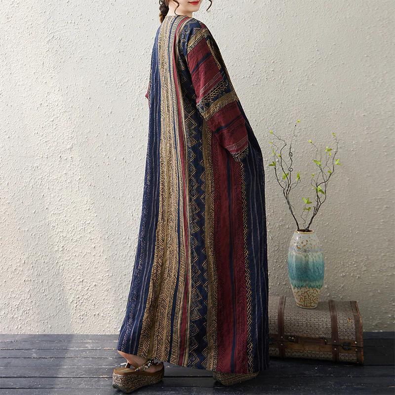 Retro Linen Cotton V-Neck Striped Loose Plus Size Dress