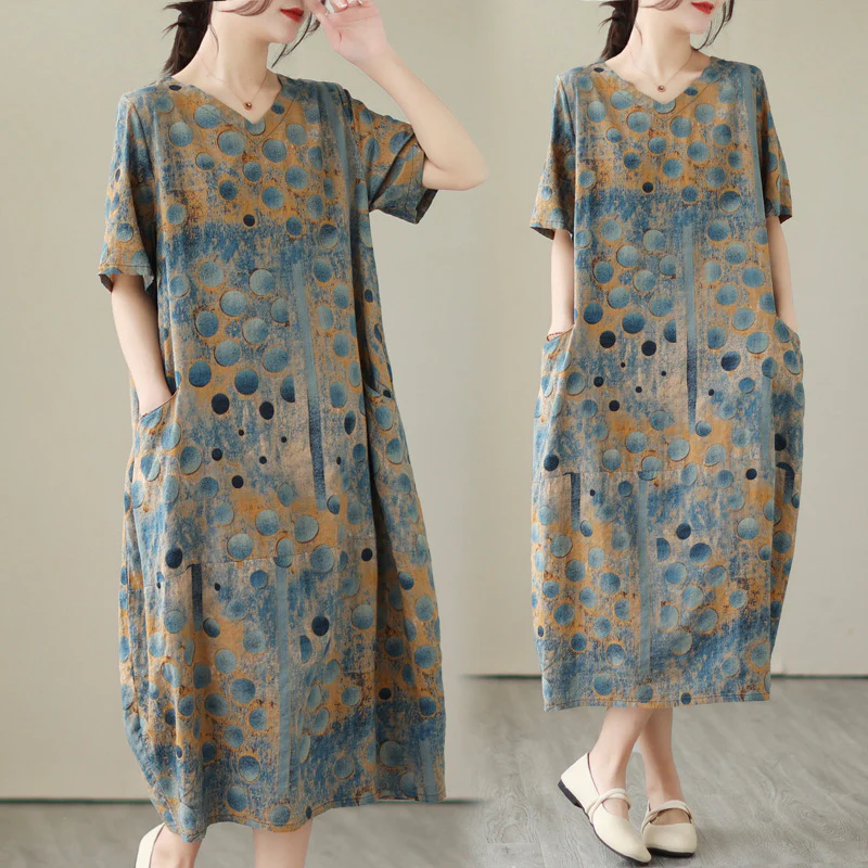 Summer Retro Cotton Linen Printed V-Neck Plus Size Dress