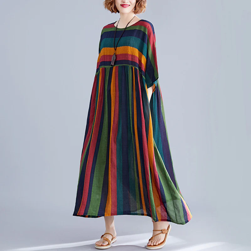 Women Retro Cotton Linen Striped Patchwork Round Neck Dress