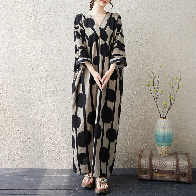 Autumn Linen V-Neck Long Sleeves Printed Dress With Pocket