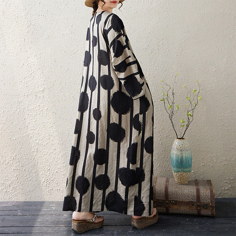 Autumn Linen V-Neck Long Sleeves Printed Dress With Pocket