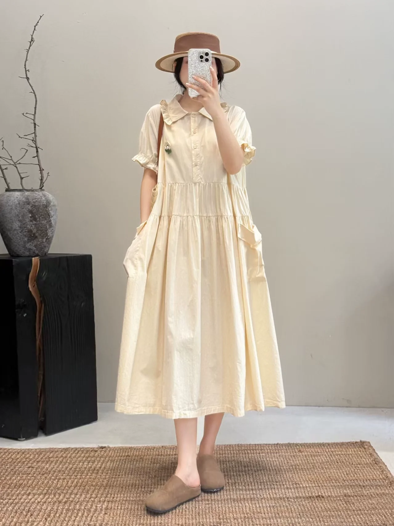 Summer Casual Cotton Lapel Loose Ruffled Dress With Pocket