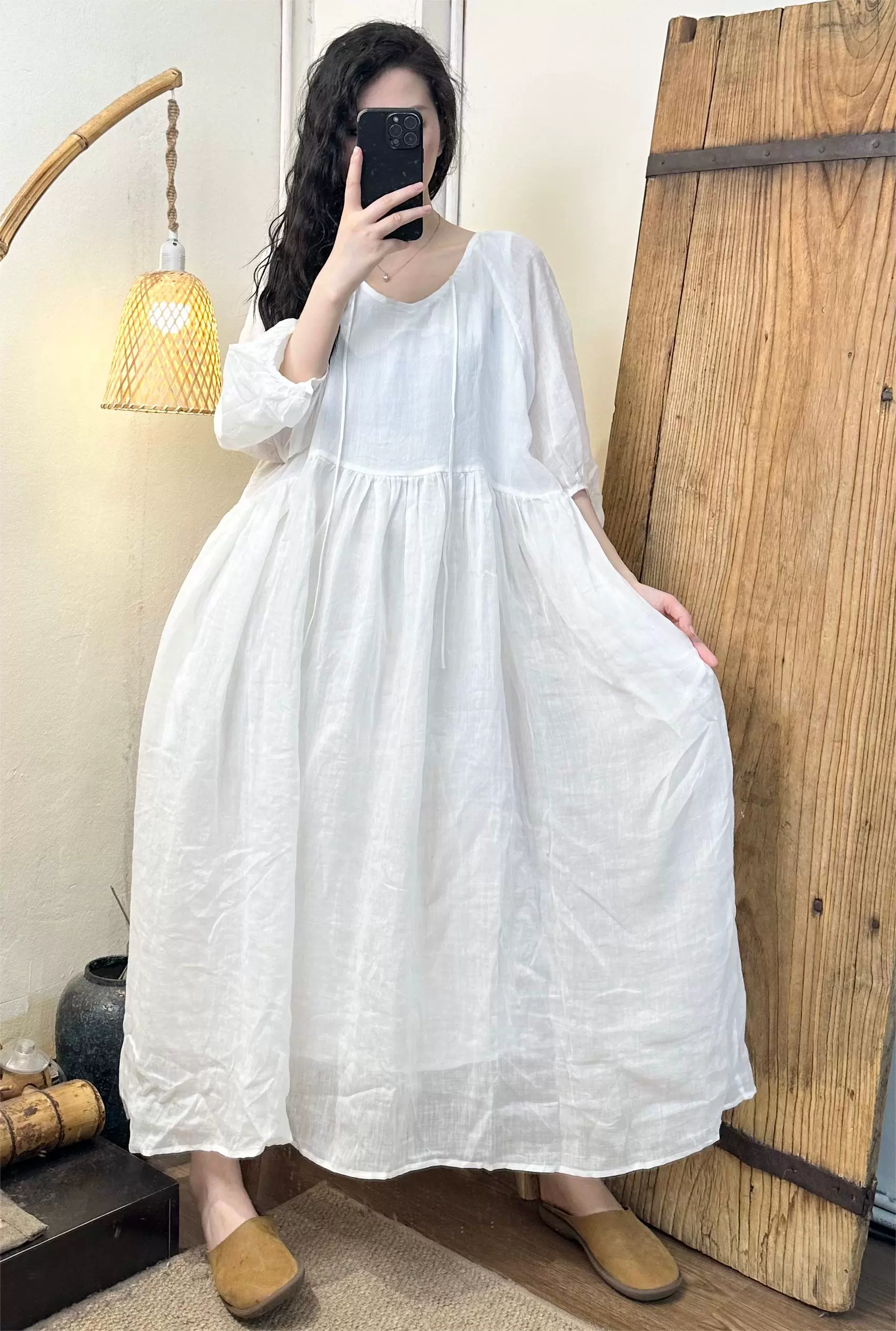 Summer Women Ramie Loose Round Neck 3/4 Sleeves Dress