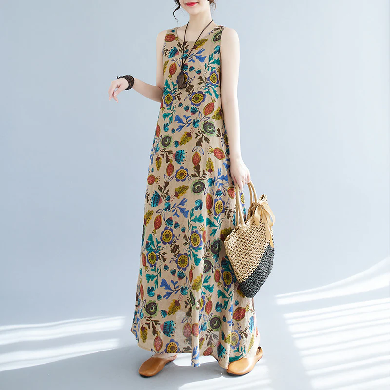 Women Summer Cotton Linen Round Neck Sleeveless Dress