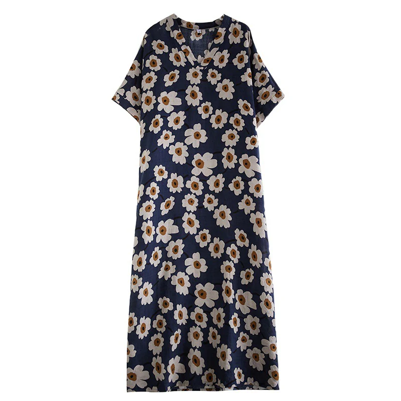 Summer Retro Cotton Linen Vacation V-Neck Floral Plus Size Dress