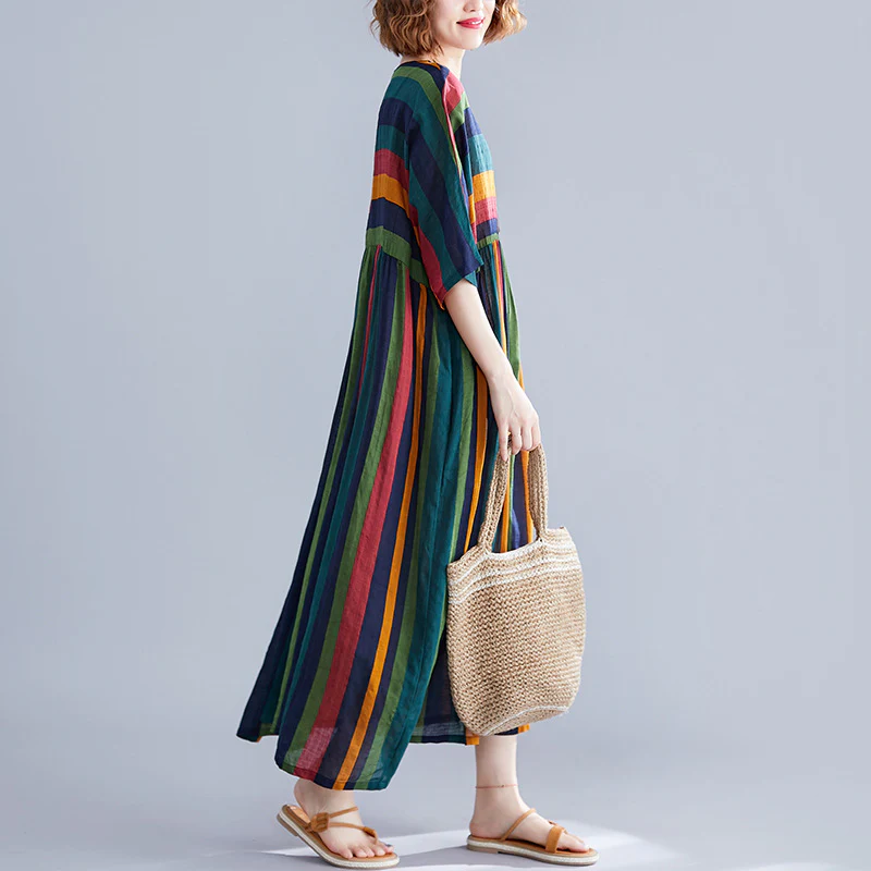 Women Retro Cotton Linen Striped Patchwork Round Neck Dress