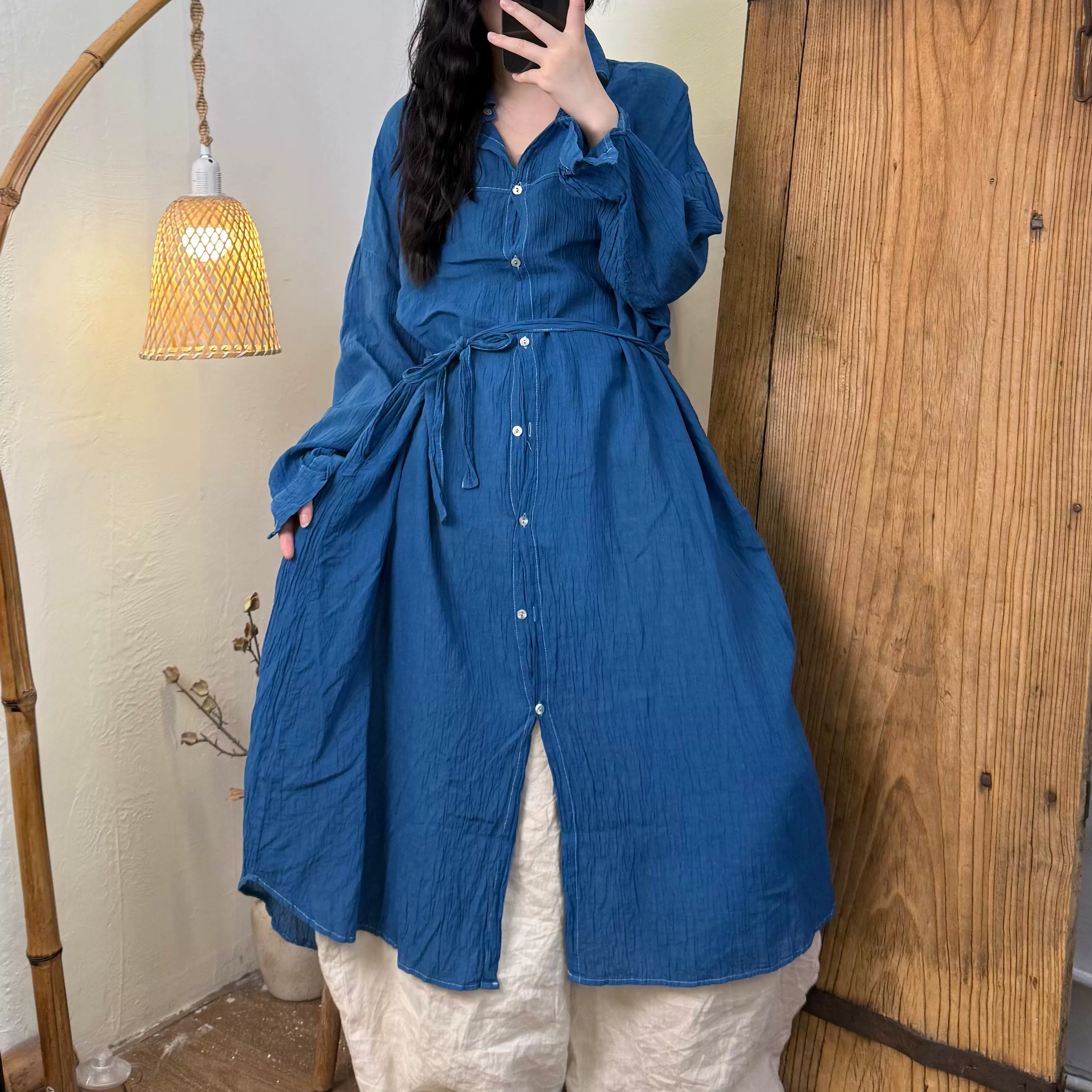 Autumn Ramie Casual Natural Dyeing Shirt Dress