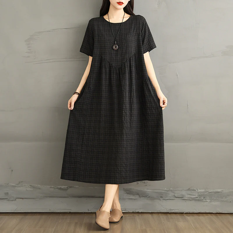 Women Summer Cotton Linen Round Neck Plaid Dress