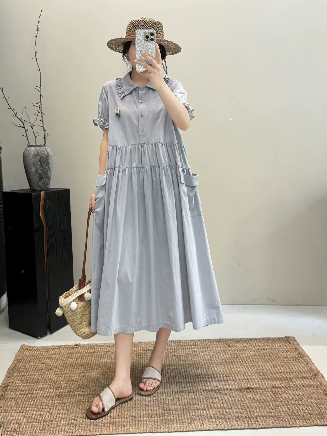 Summer Casual Cotton Lapel Loose Ruffled Dress With Pocket