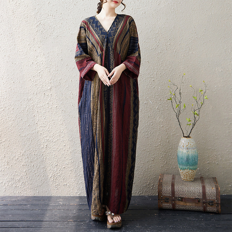 Retro Linen Cotton V-Neck Striped Loose Plus Size Dress