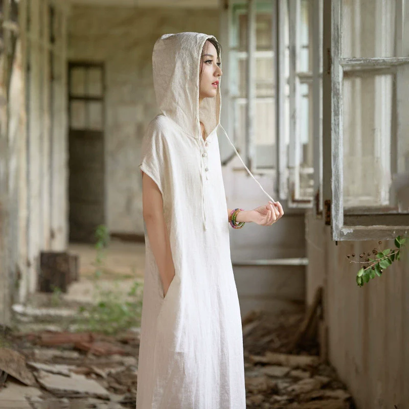 Summer Retro Linen Washed Casual Loose Hooded Dress