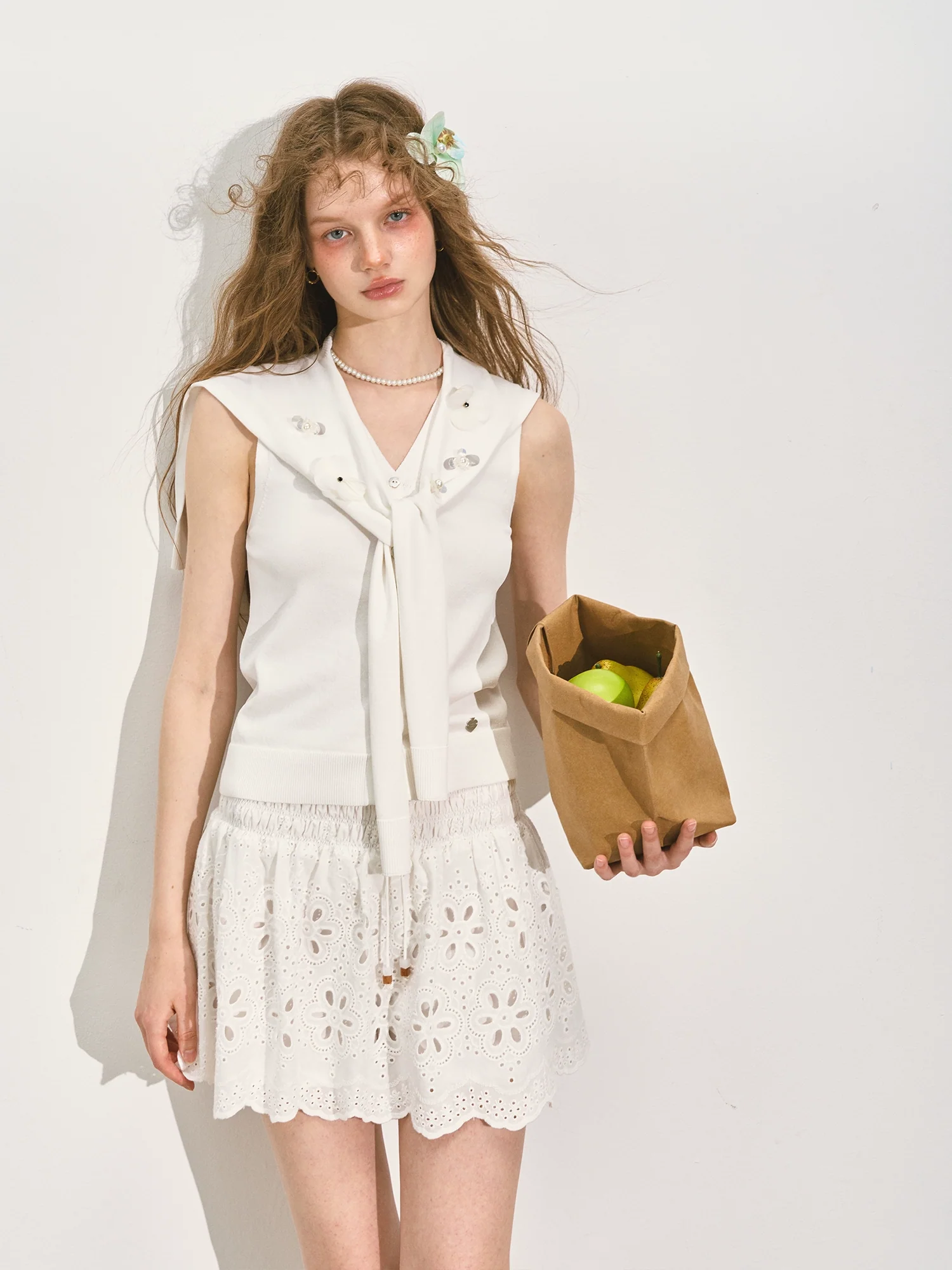 Navy Collar Two-piece Shawl Vest