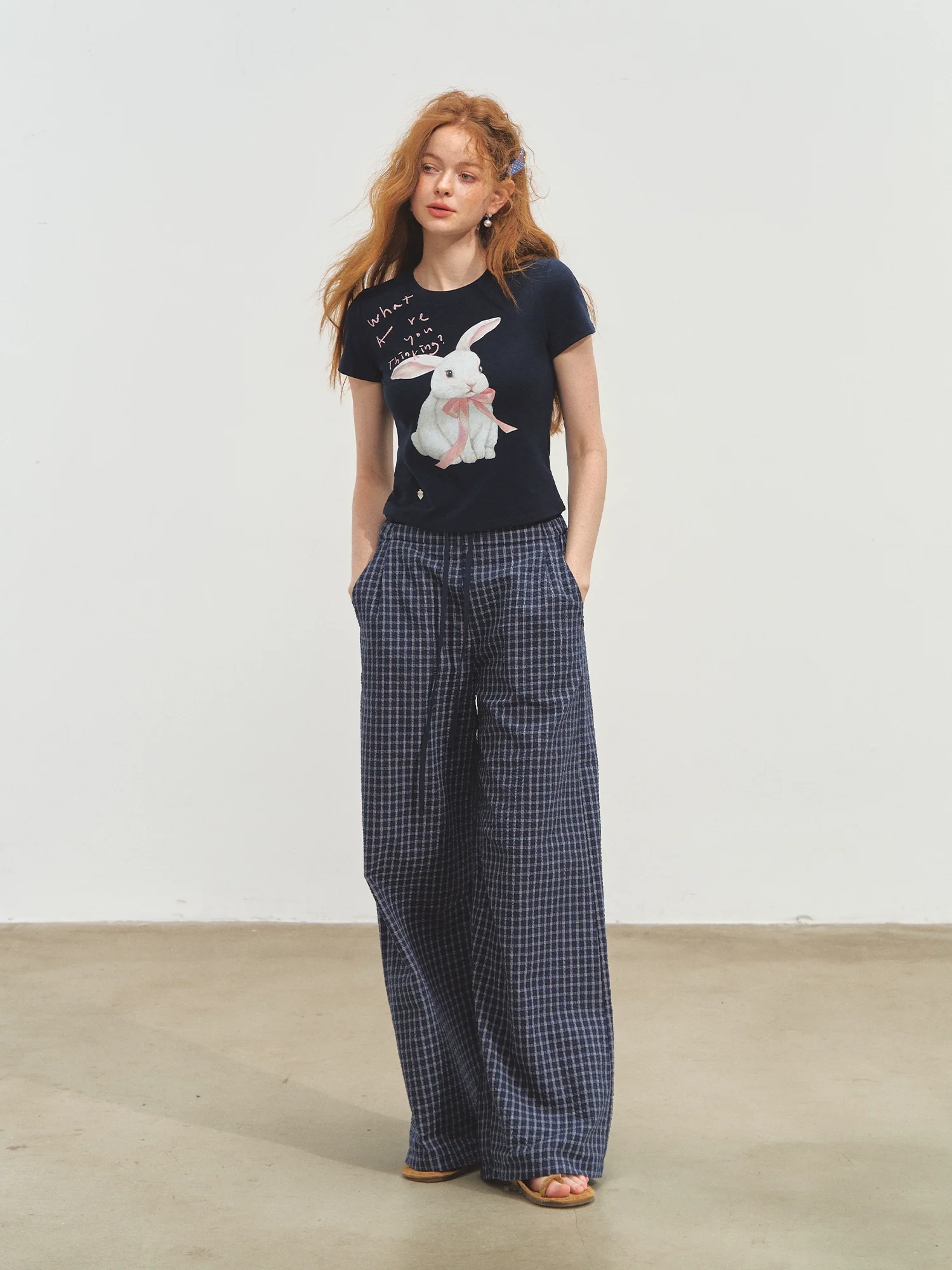 Double-layer Waistband Checkered Drawstring Pants