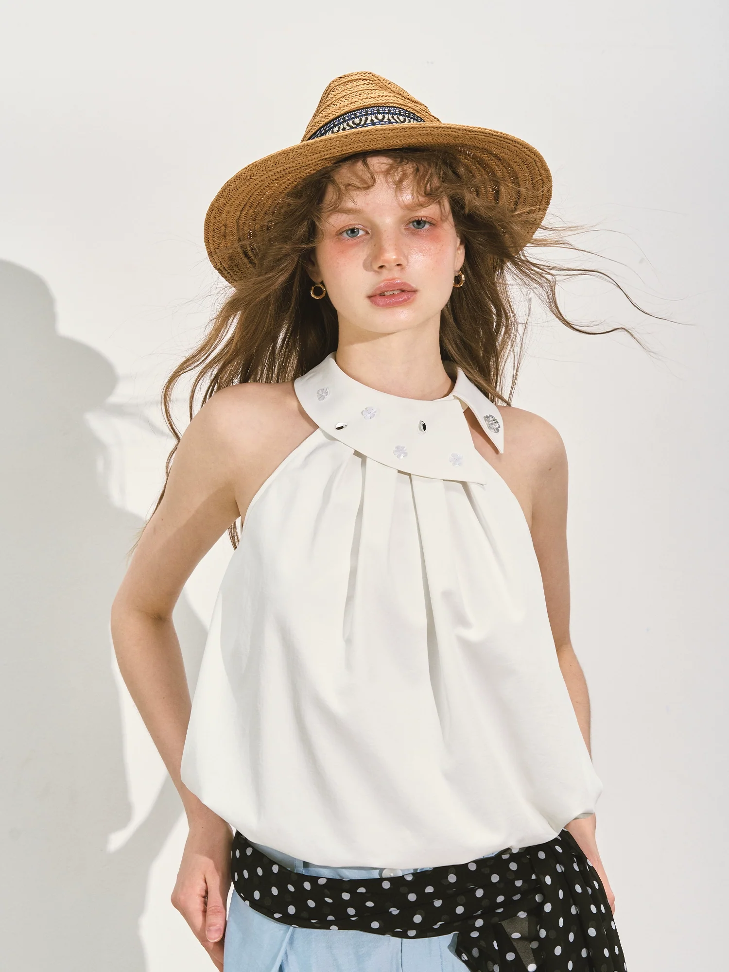 Halter Neck Off-Shoulder Crinkled Sleeveless Top