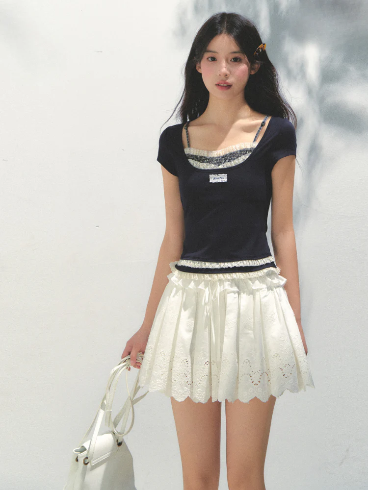 Two-piece Spliced Hem Lace Short-sleeve T-shirt