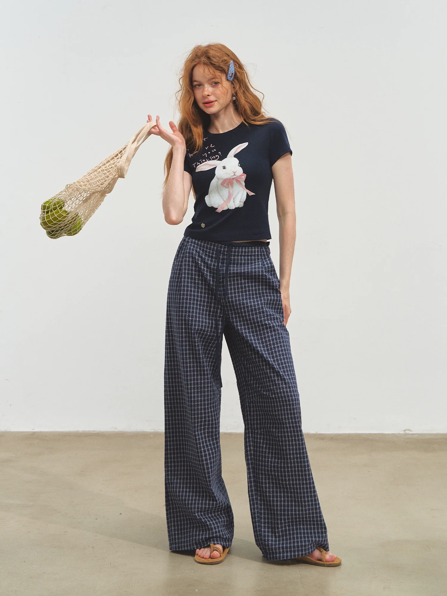 Double-layer Waistband Checkered Drawstring Pants