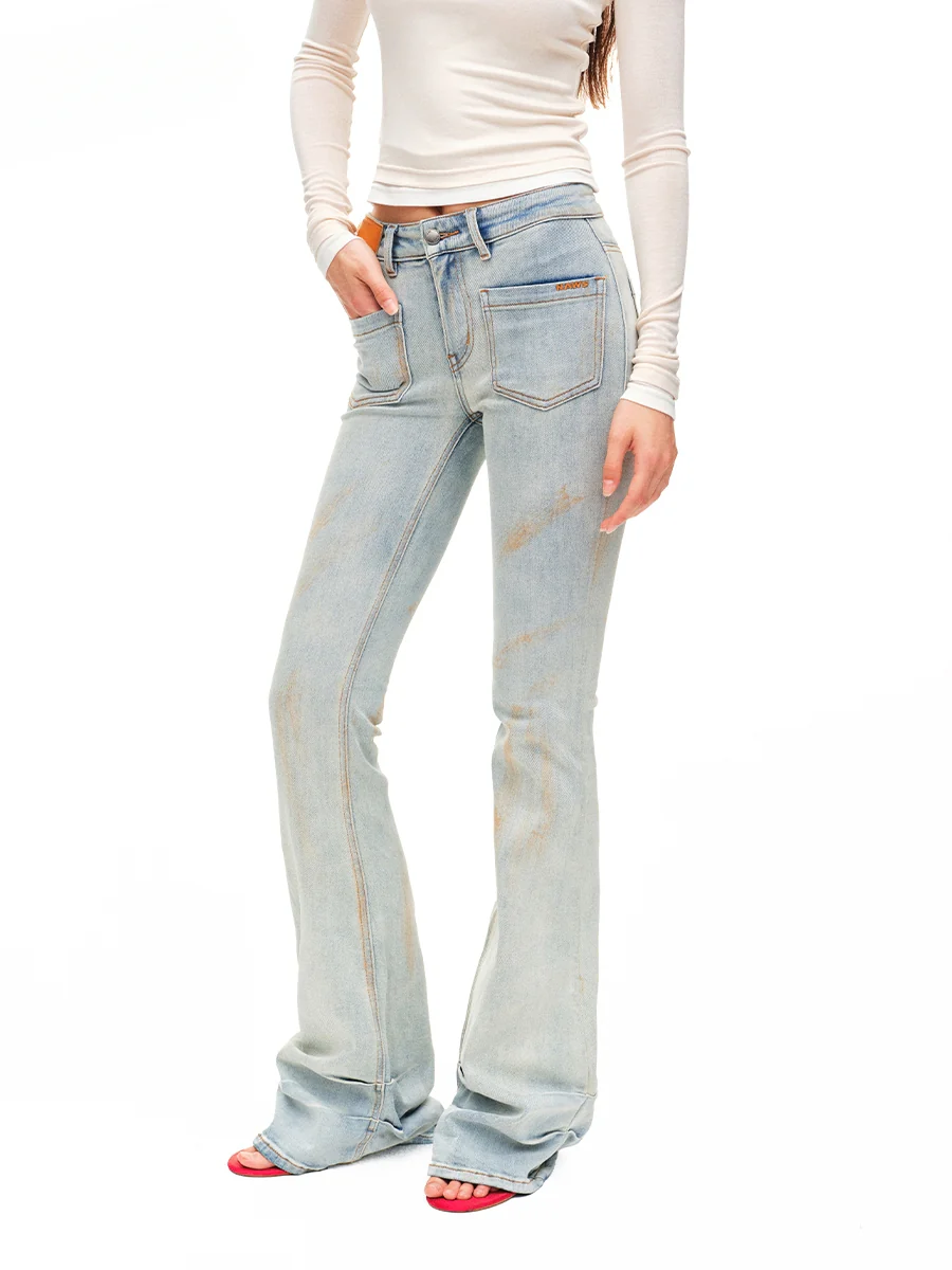 Washed Low-waist High-stretch Micro-flare Jeans