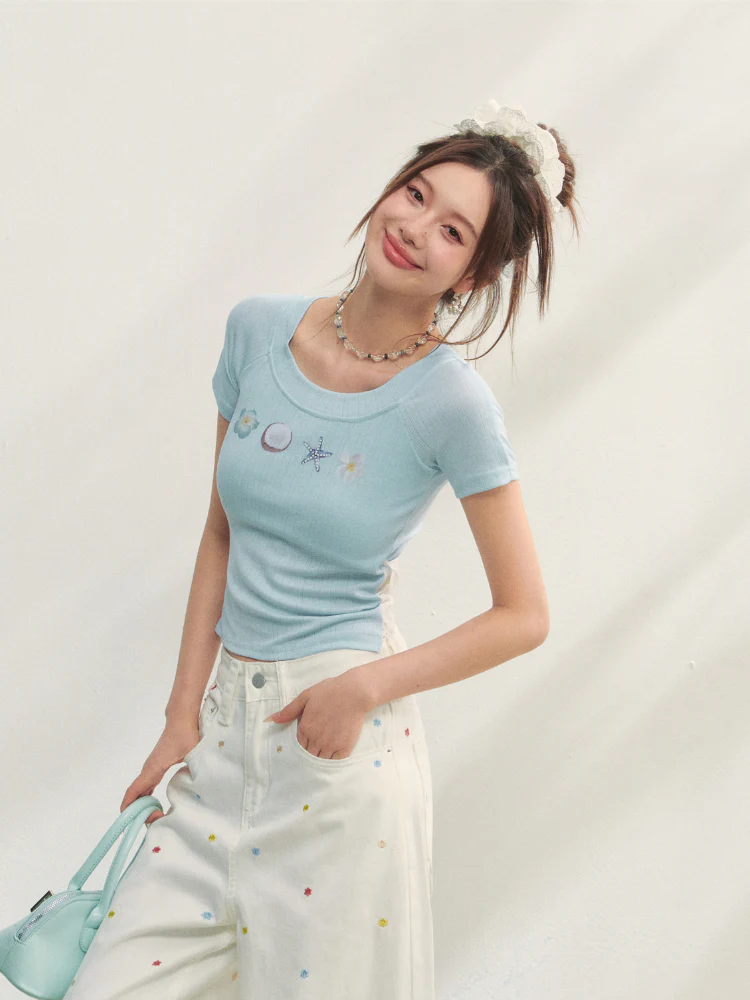 Crew Neck Printed Backless Embroidered T-Shirt