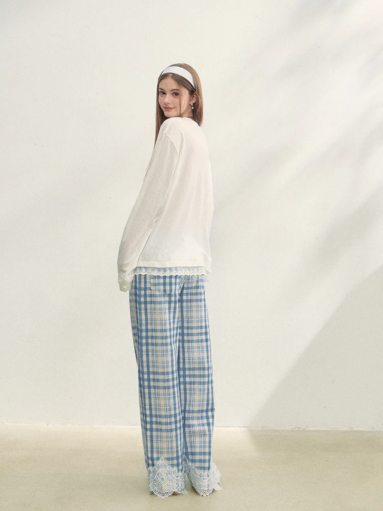 Lace Panel Checked Straight-Leg Pants