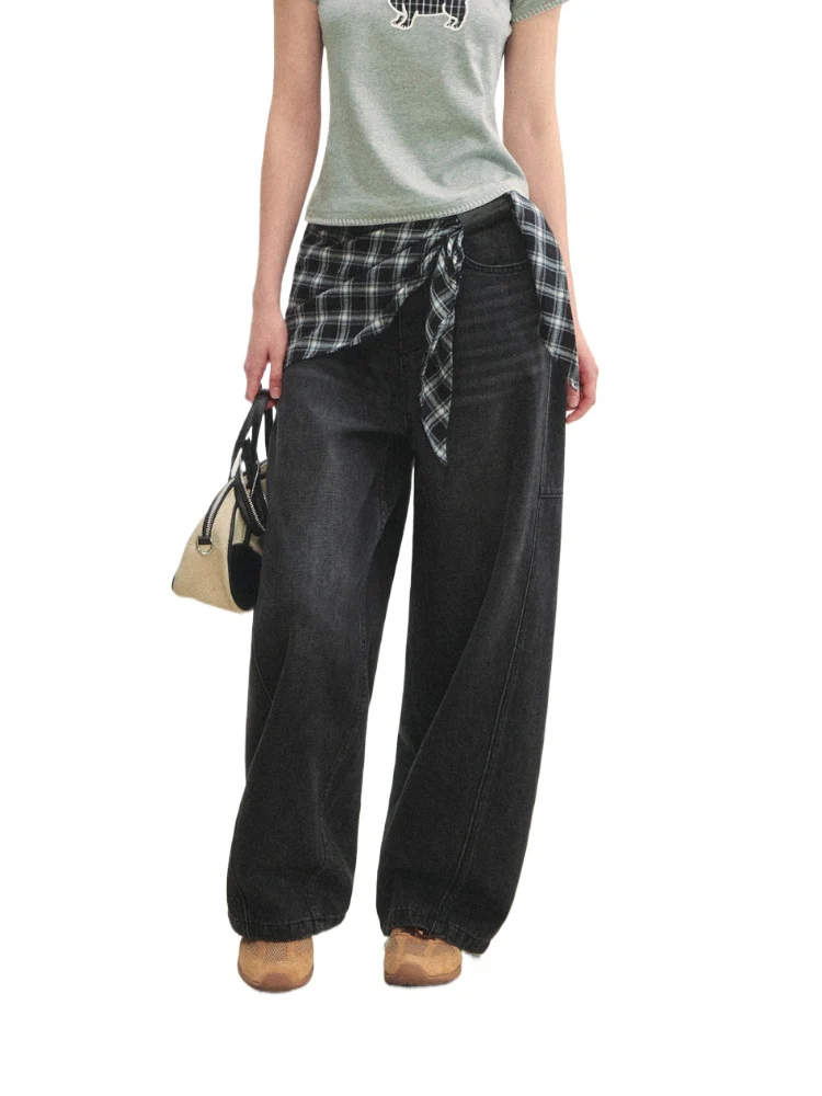 Checked Panel Tie-Waist Jeans