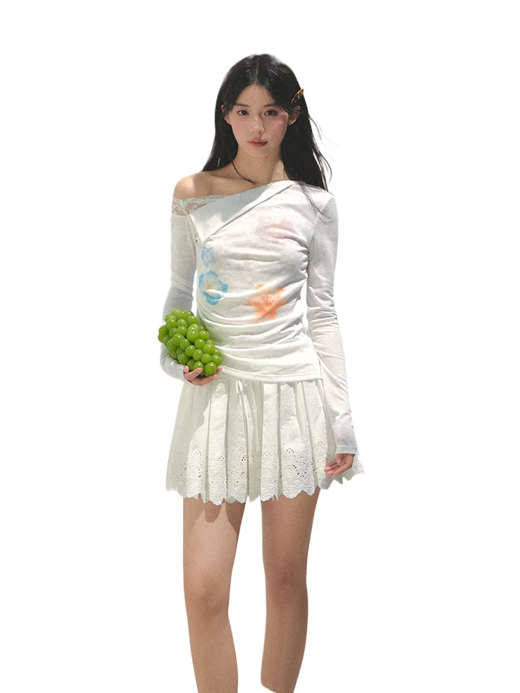 Lyocell Asymmetric Shoulder Long-sleeve T-shirt