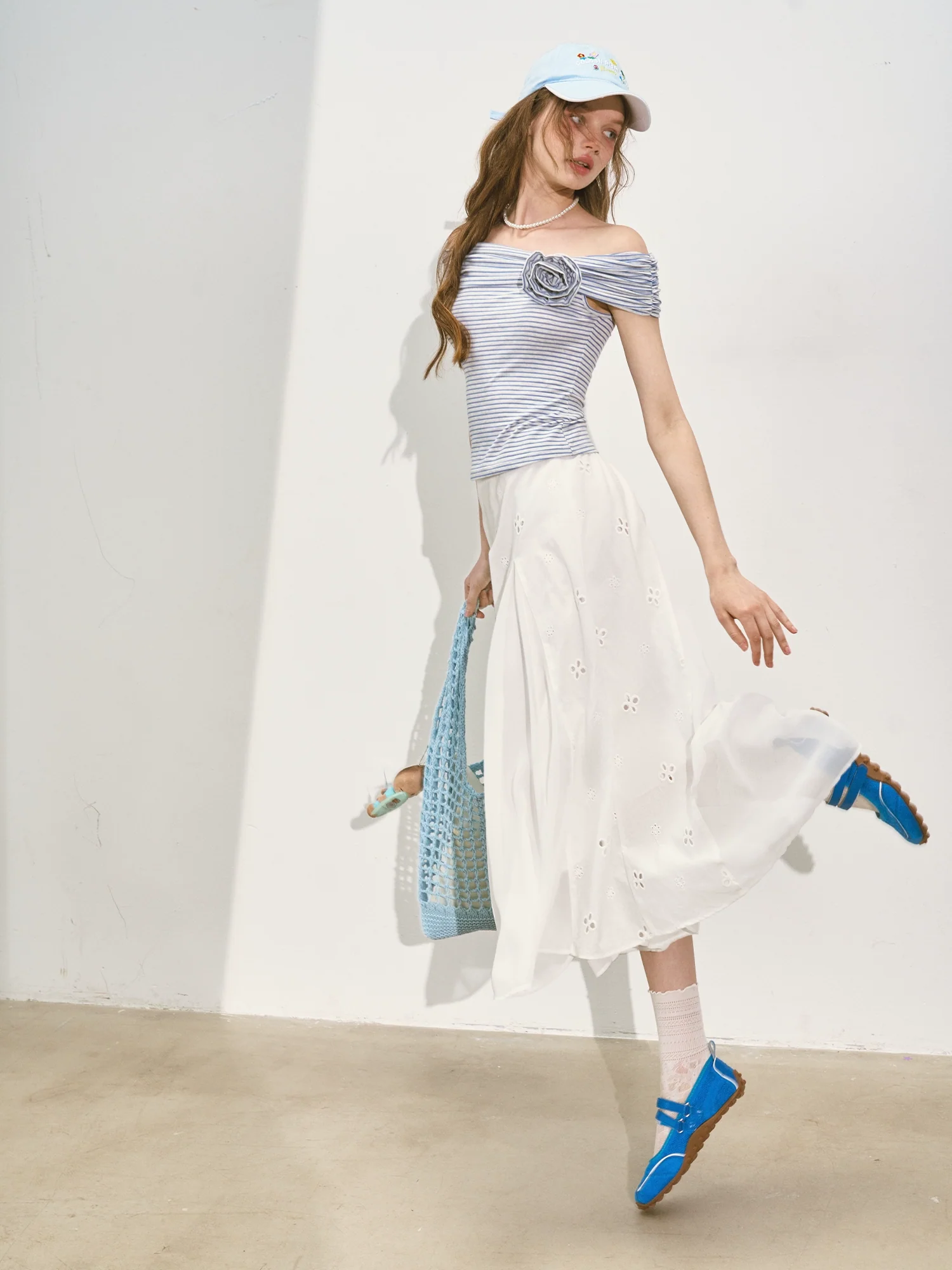 Striped Off - Shoulder Rose T - shirt