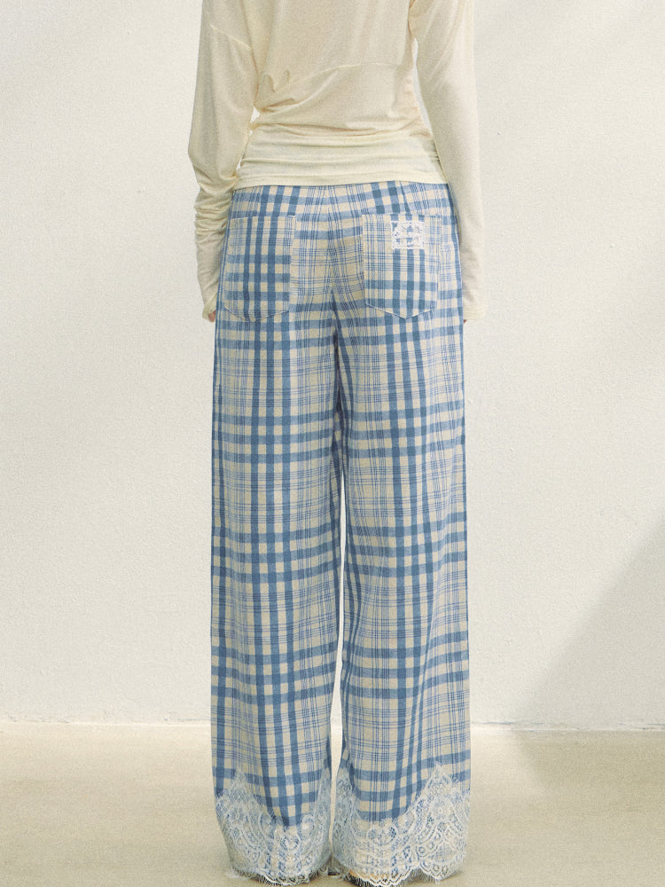 Lace Panel Checked Straight-Leg Pants