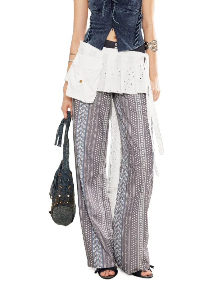 Printed Spliced Low-Waist Striped Wide-Leg Pants