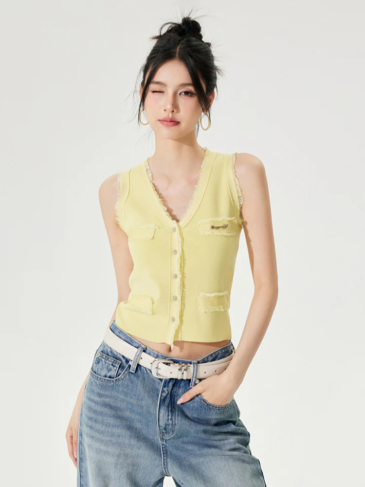 Lyocell V-Neck Raw-edge Ice-silk Vest