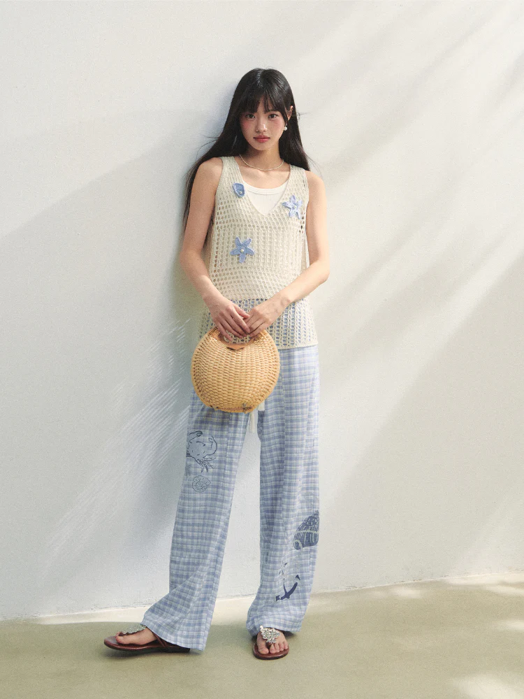 Checkered Print High-Waist Tie Pants