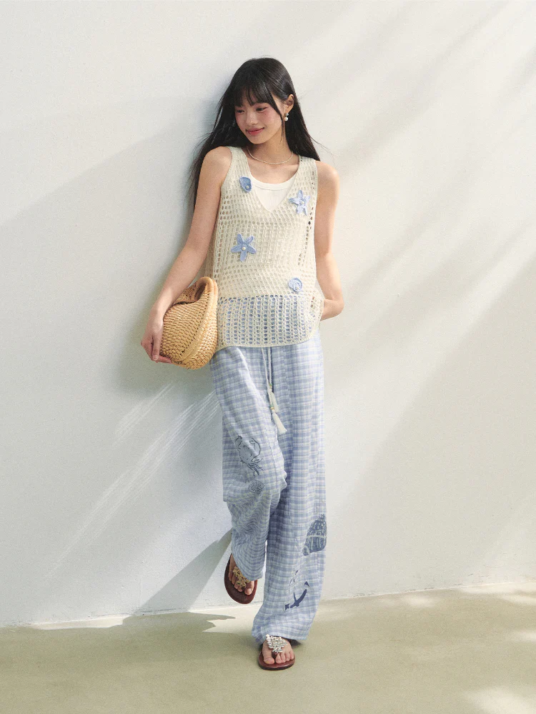 Checkered Print High-Waist Tie Pants