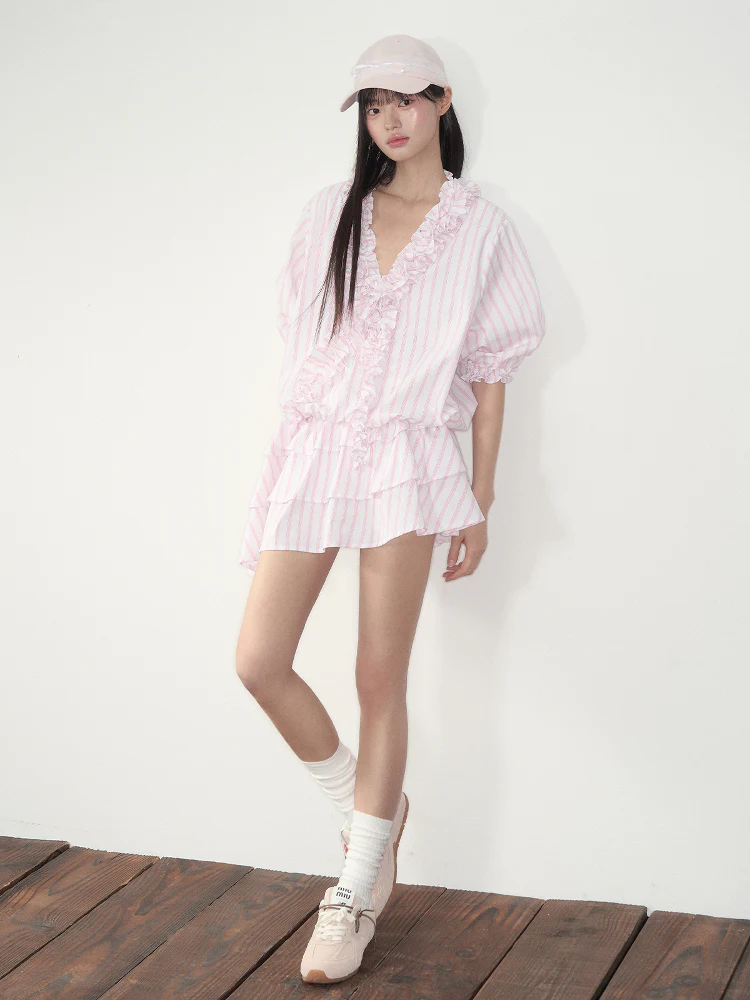 Pink Striped Relaxed Ruffle Dress